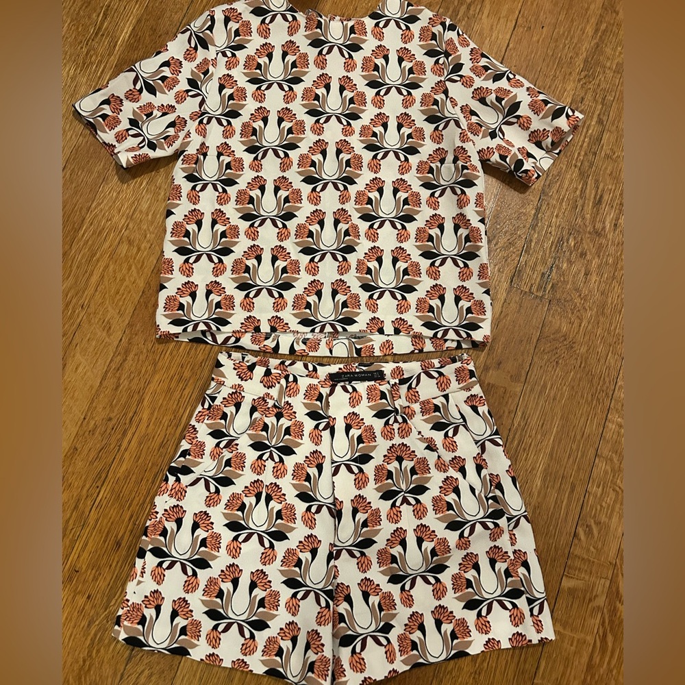 Zara Floral Geo Print Top and Shorts Set in Cream, Black, Rust